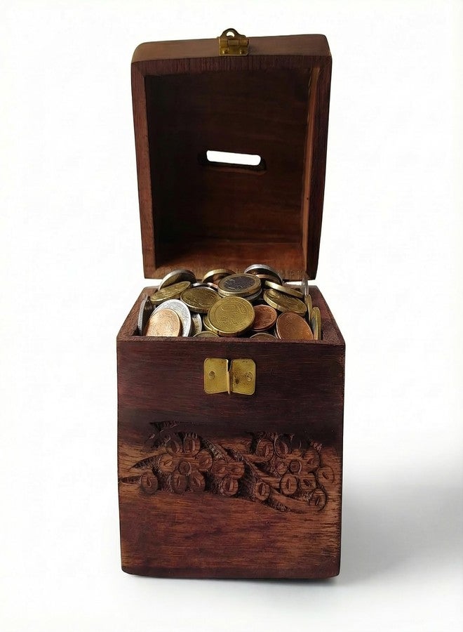 GURU JEE Handcrafted Wooden Money Bank Box Floral Carved Design Piggy Bank Brass Latch with Lock and Key Gifts Showpiece - Image 5